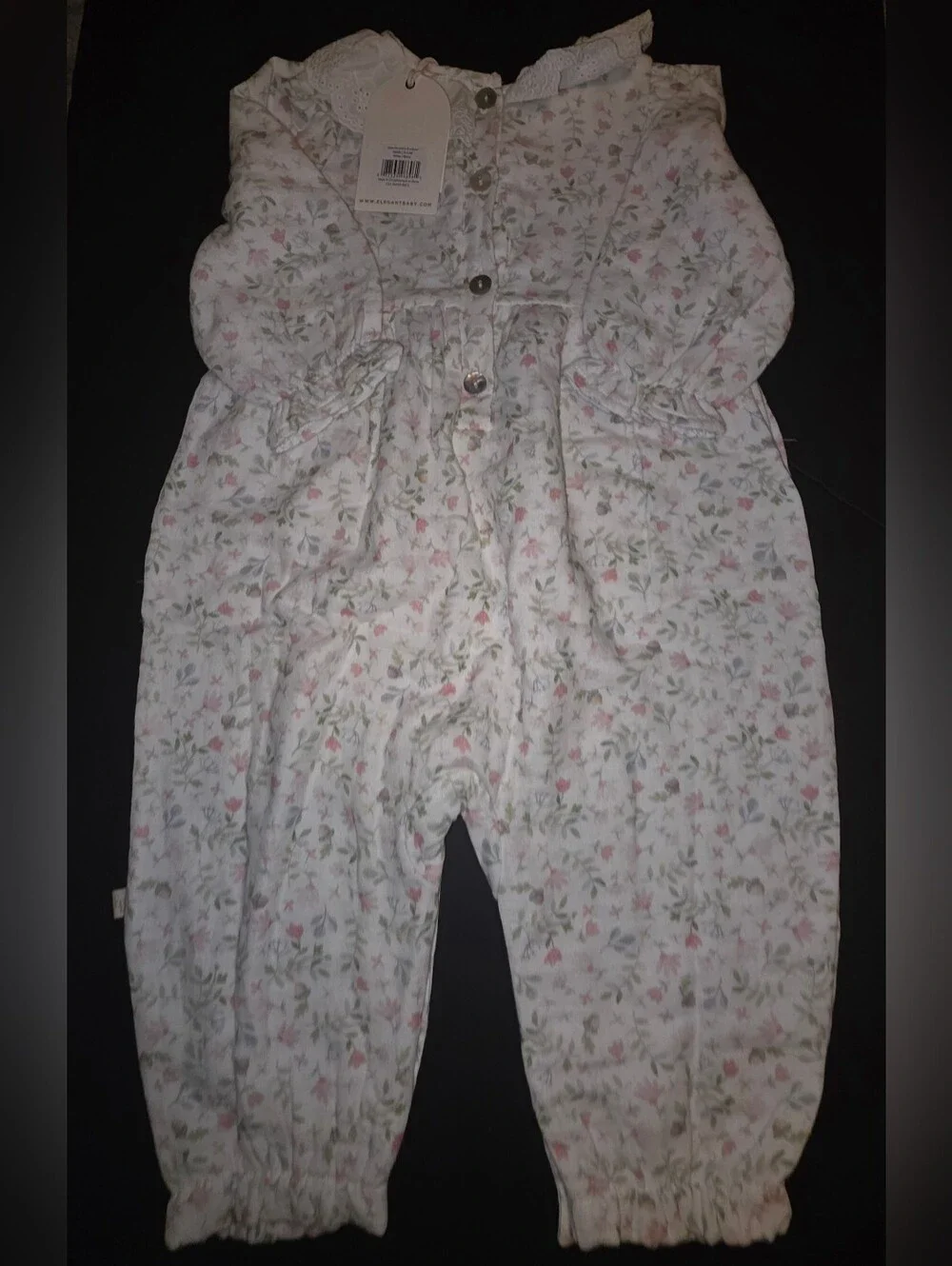 Delicate Floral Ruffle Collar Baby Romper - White with Pink & Green